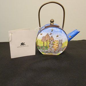 Vintage Miniature Enamel on Copper Teapot - 3 Cat Design - Empress Arts Ltd.